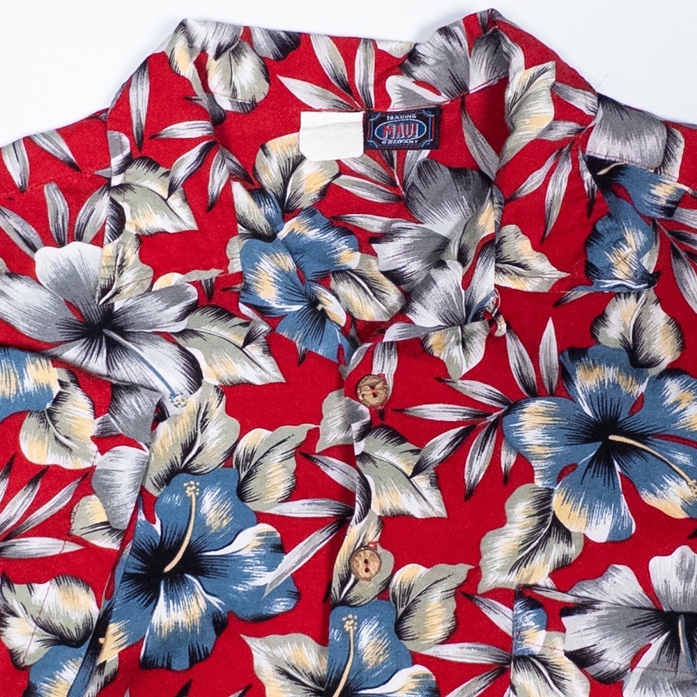 Maui Trading Company Hawaiian Shirt Floral Print Button Up Hulu Girl Red XL‎